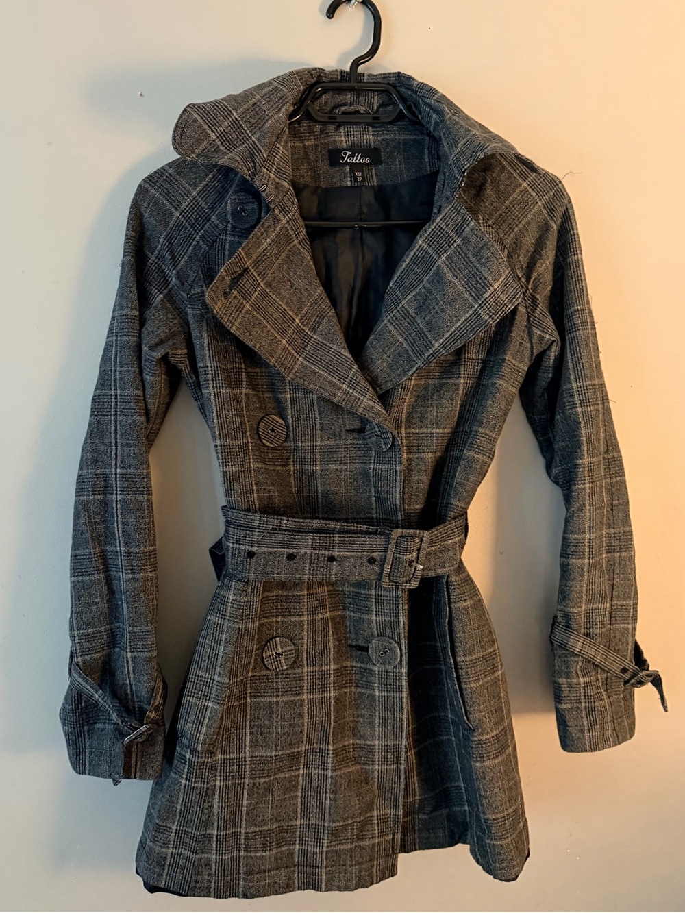 Tattoo plaid double-breasted belted trench coat peacoat